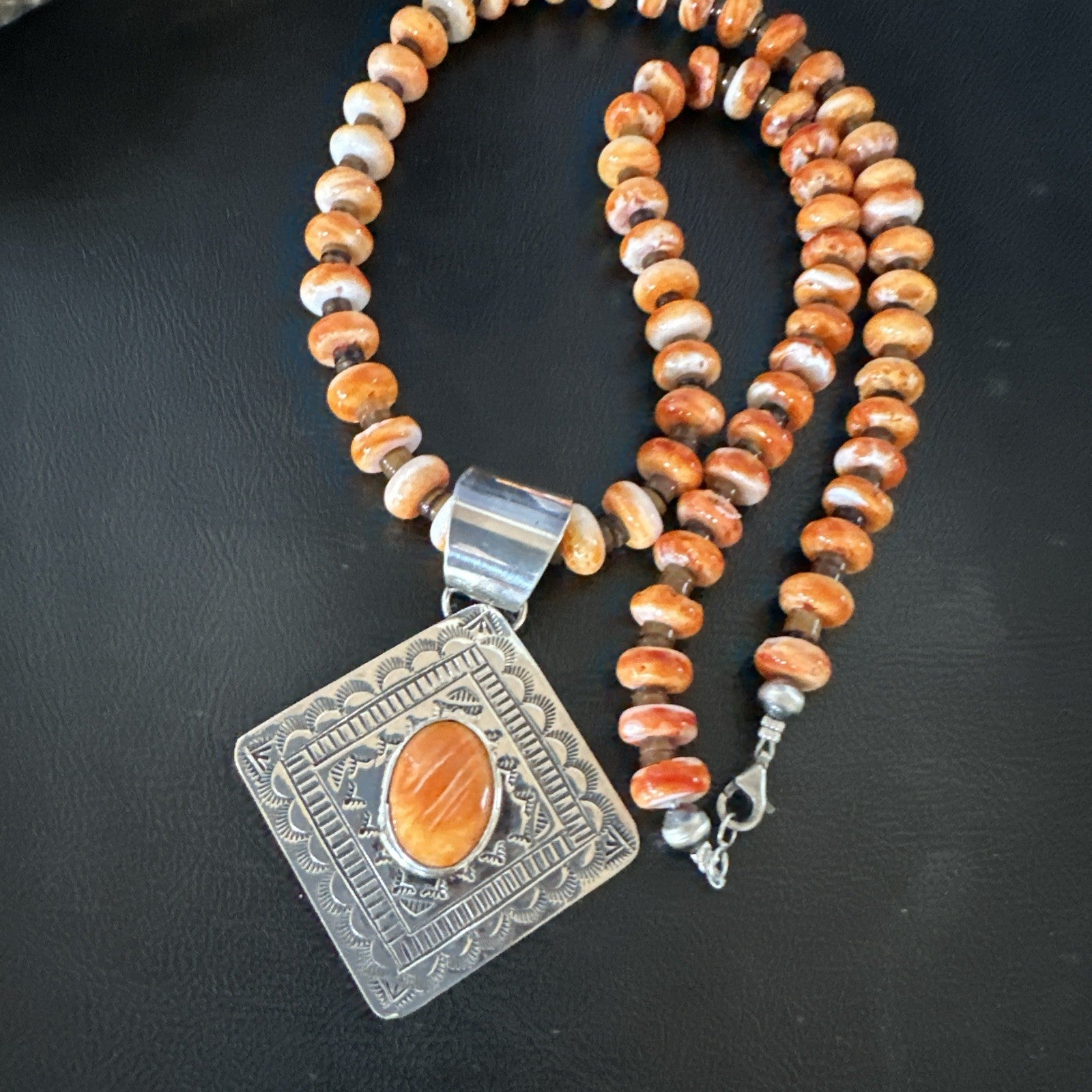 H Joe Orange Spiny Oyster Pendant Navajo Sterling Silver Necklace 19481
