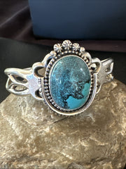 Yazzie Men's Blue Turquoise Navajo Tufa Cast Cuff Bracelet | Sterling Silver | Authentic Native American Handmade | 19693