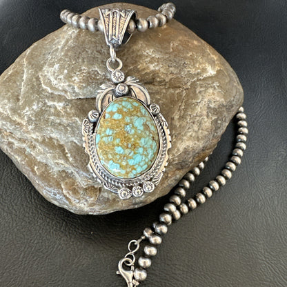 Mens Blue Turquoise#8 Pendant Navajo Sterling Silver Necklace 18078