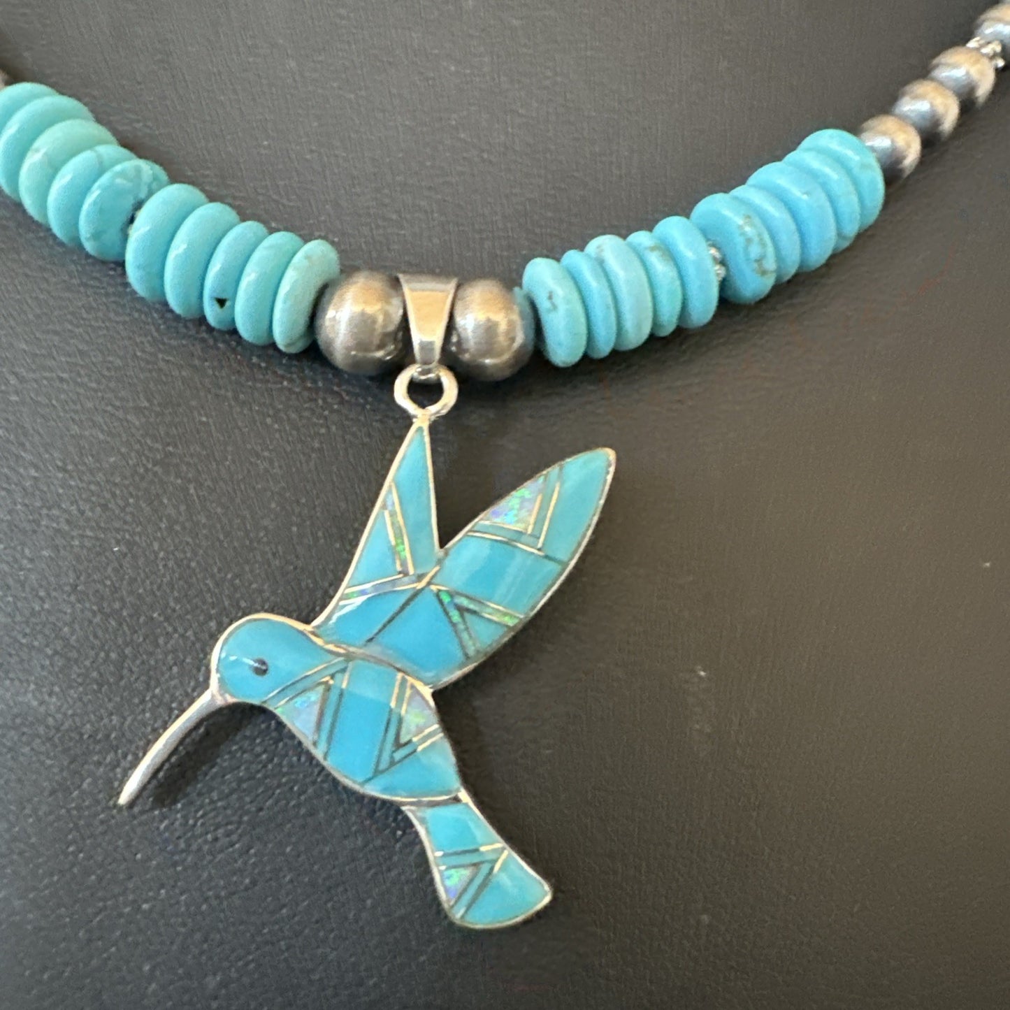 Blue Turquoise Opal HummingBird Inlay Pendant Navajo Sterling Necklace 19500