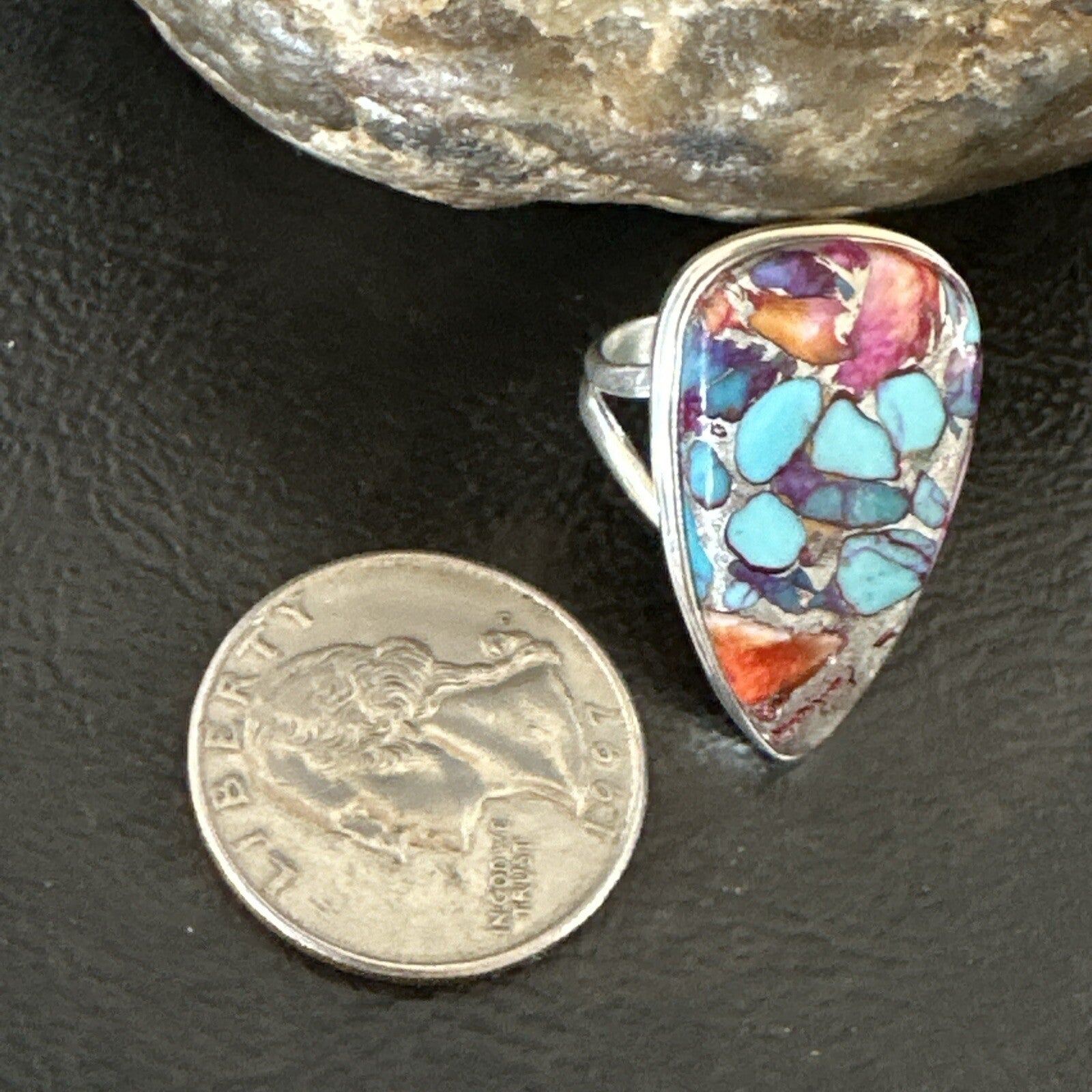 Blue Turquoise Spiny Oyster Navajo Sterling Silver Ring Size 7 18226