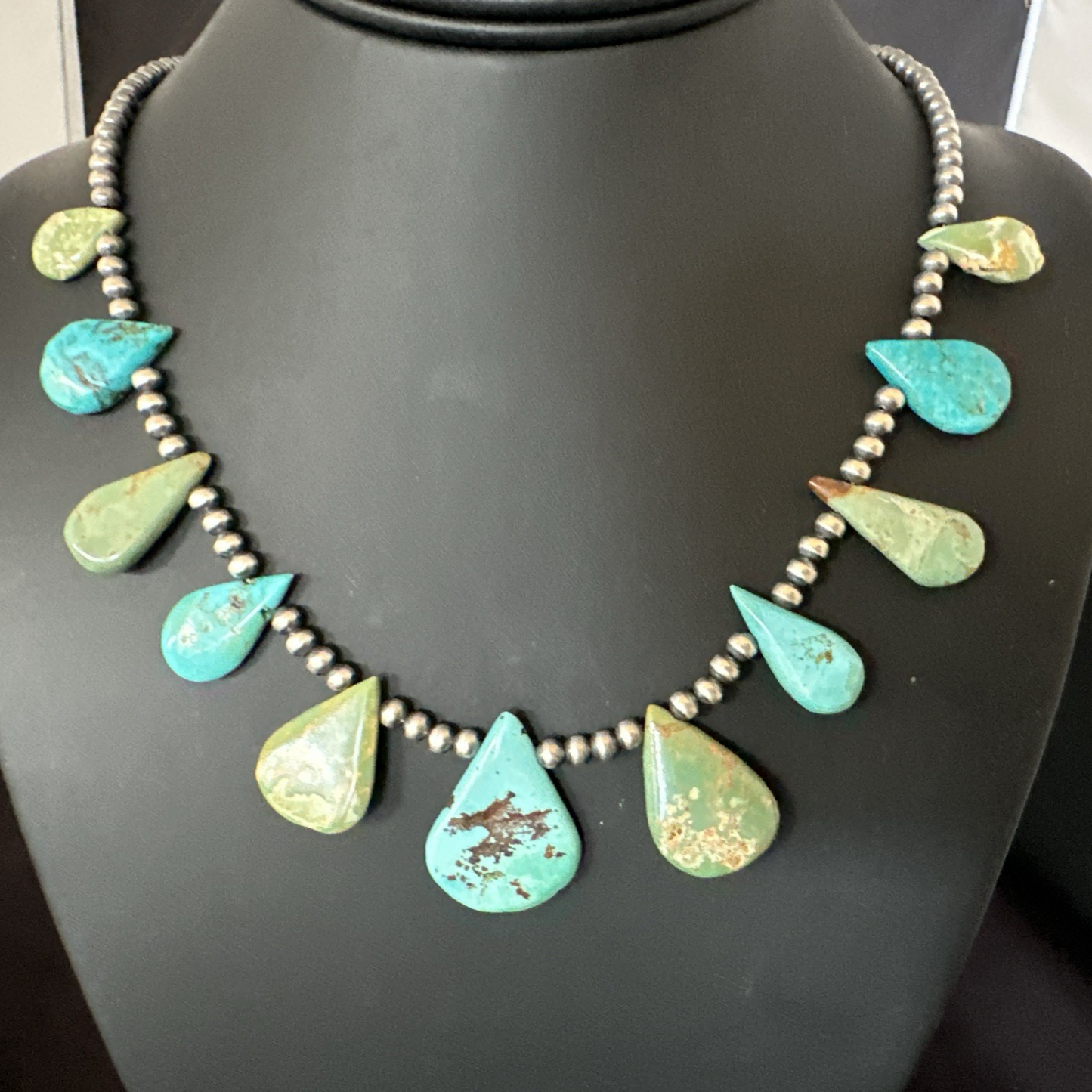 Blue Green Turquoise Navajo Pearls Sterling Silver 20" Necklace 19245