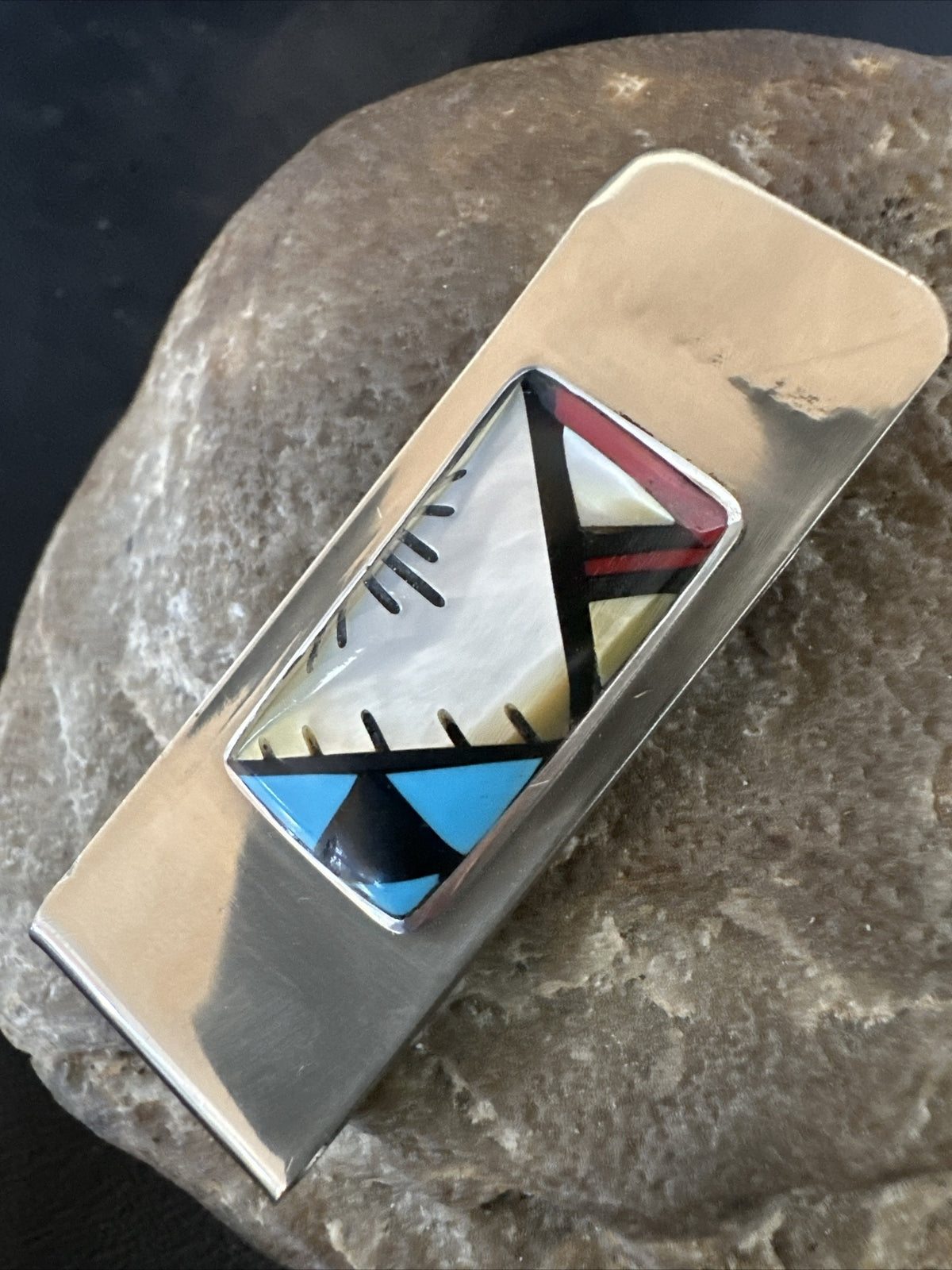 A Zuni Mens Turquoise Spiny Inlay Stainless Sterling Silver Money Clip 17835