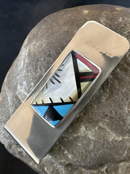 A Zuni Mens Turquoise Spiny Inlay Stainless Sterling Silver Money Clip 17835