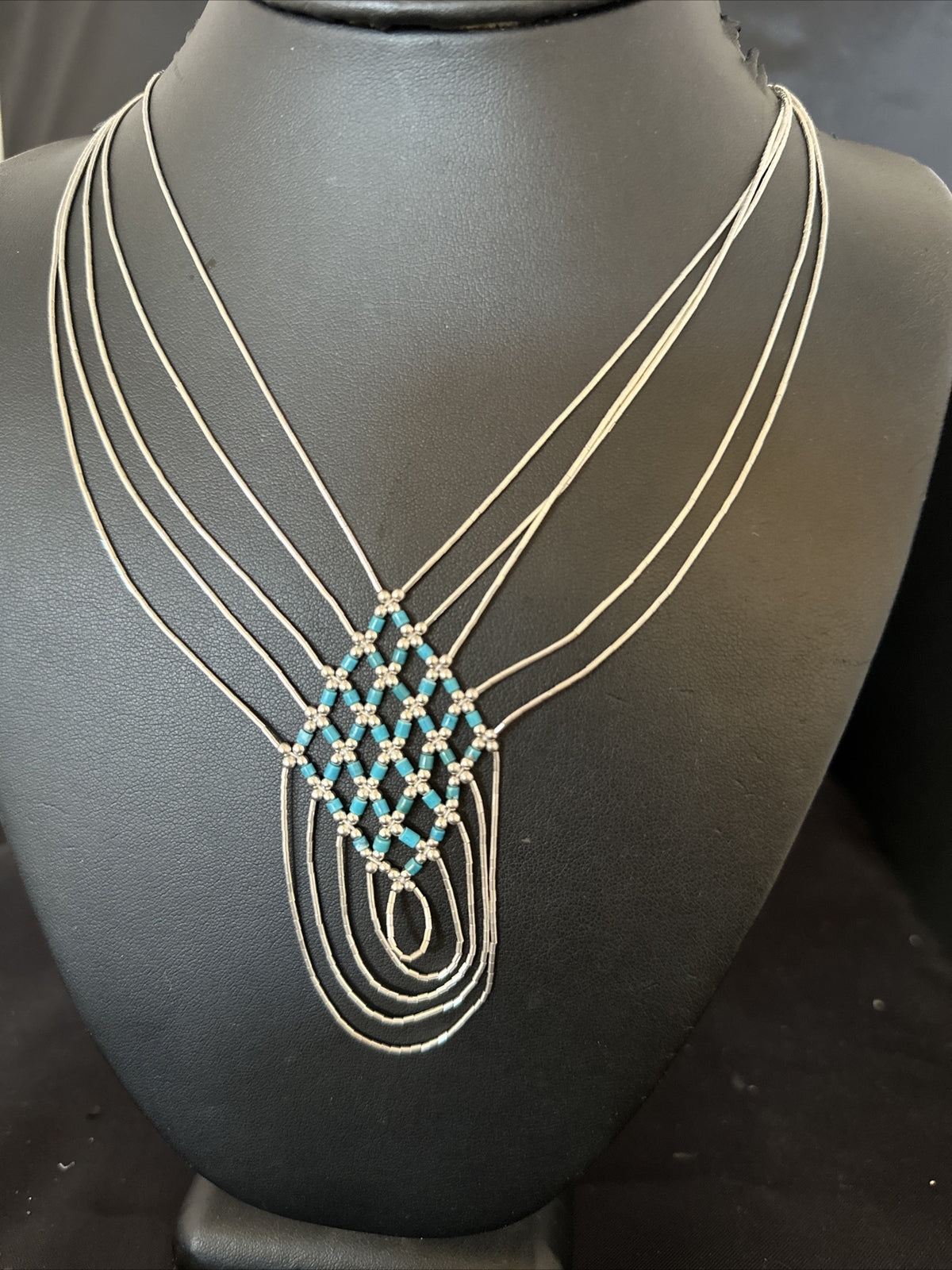 Crisscross Blue Turquoise Heishi Liquid Sterling Silver 5S Necklace 20" 15881