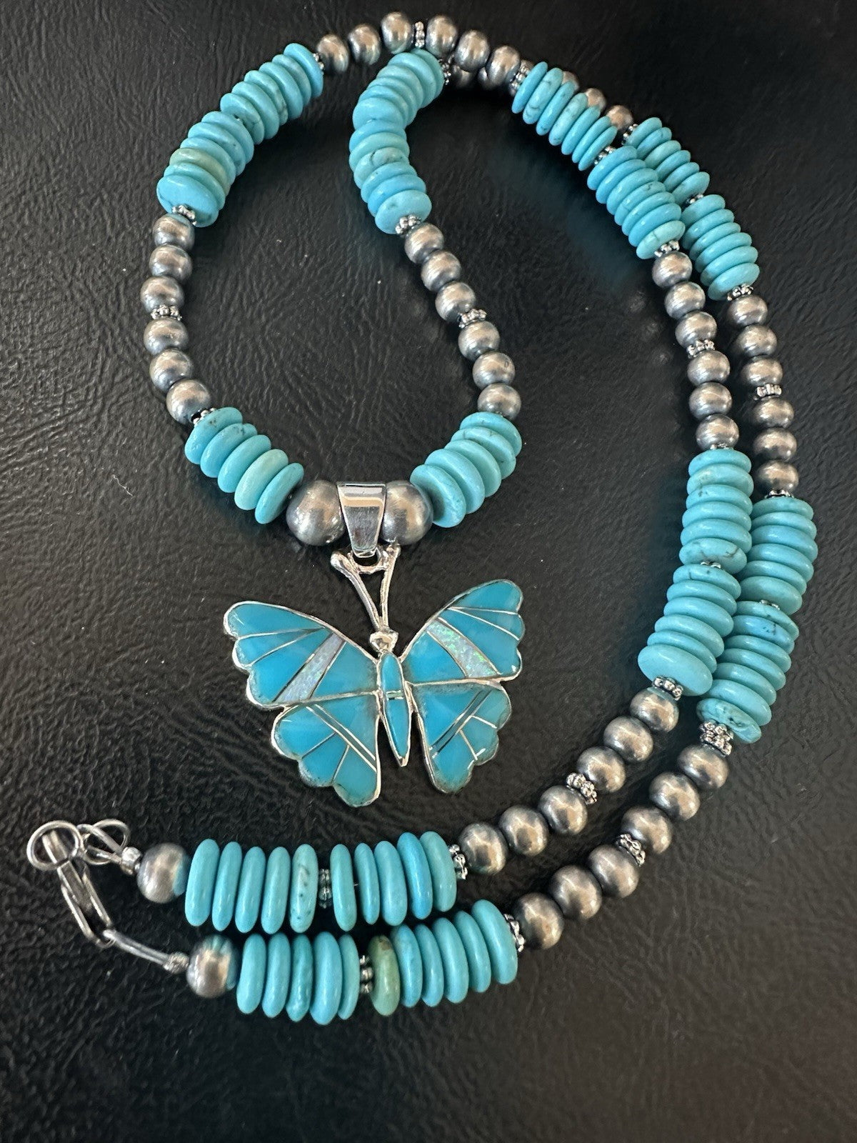 Butterfly Blue Turquoise Opal Pendant Navajo Sterling Silver Necklace 19511