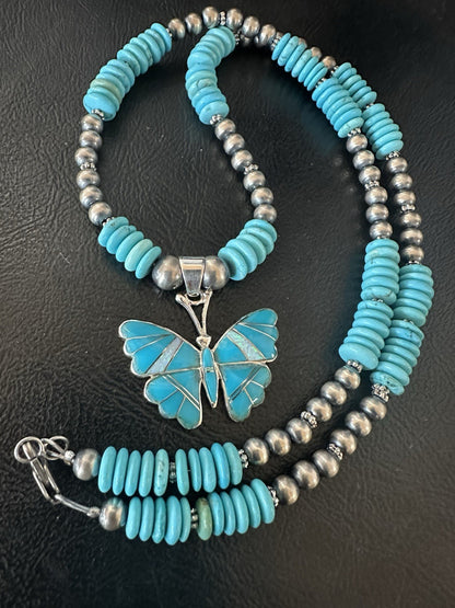 Butterfly Blue Turquoise Opal Pendant Navajo Sterling Silver Necklace 19511