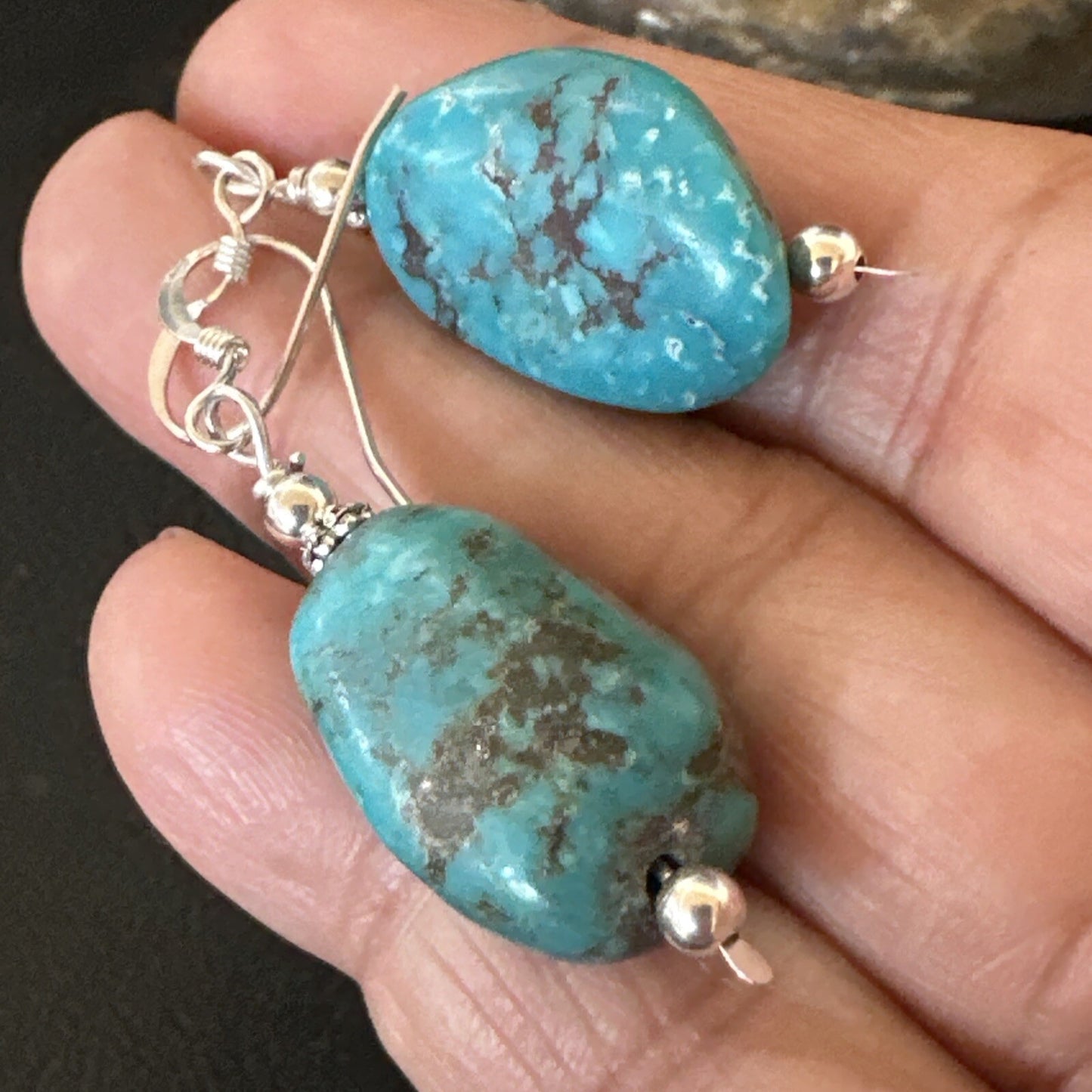 Blue Turquoise Nugget Sterling Silver Beads Earrings 1" 17867