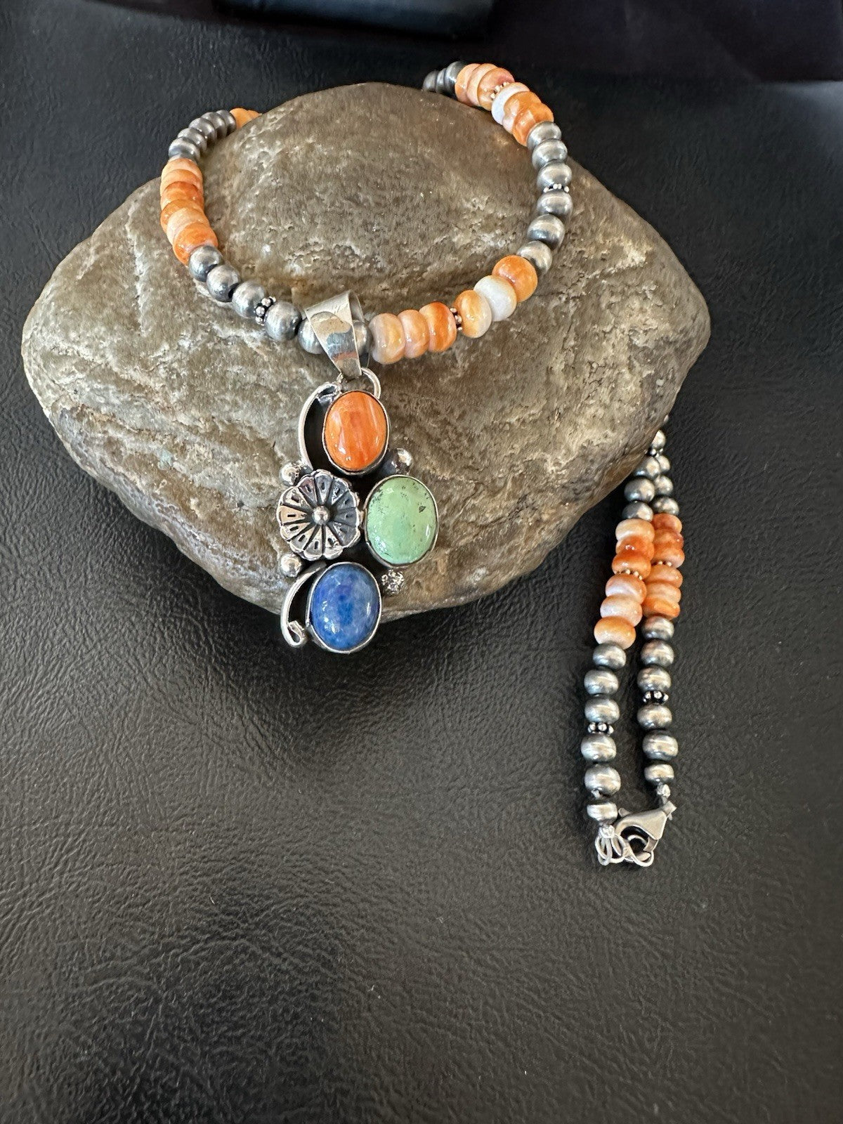 Orange Spiny Oyster Navajo Pearls Sterling Silver Necklace Pendant 19379