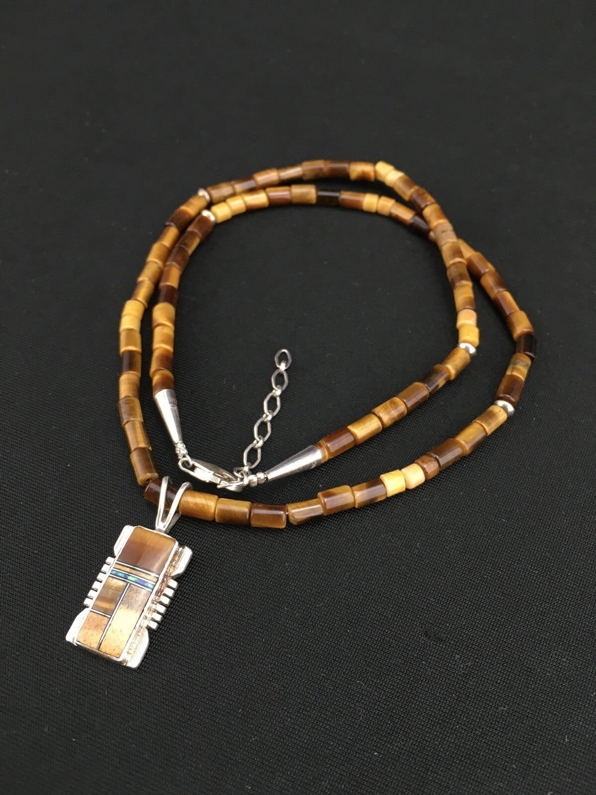 Native Tiger's Eye Inlay Pendant Navajo Sterling Silver 21" Necklace 4895