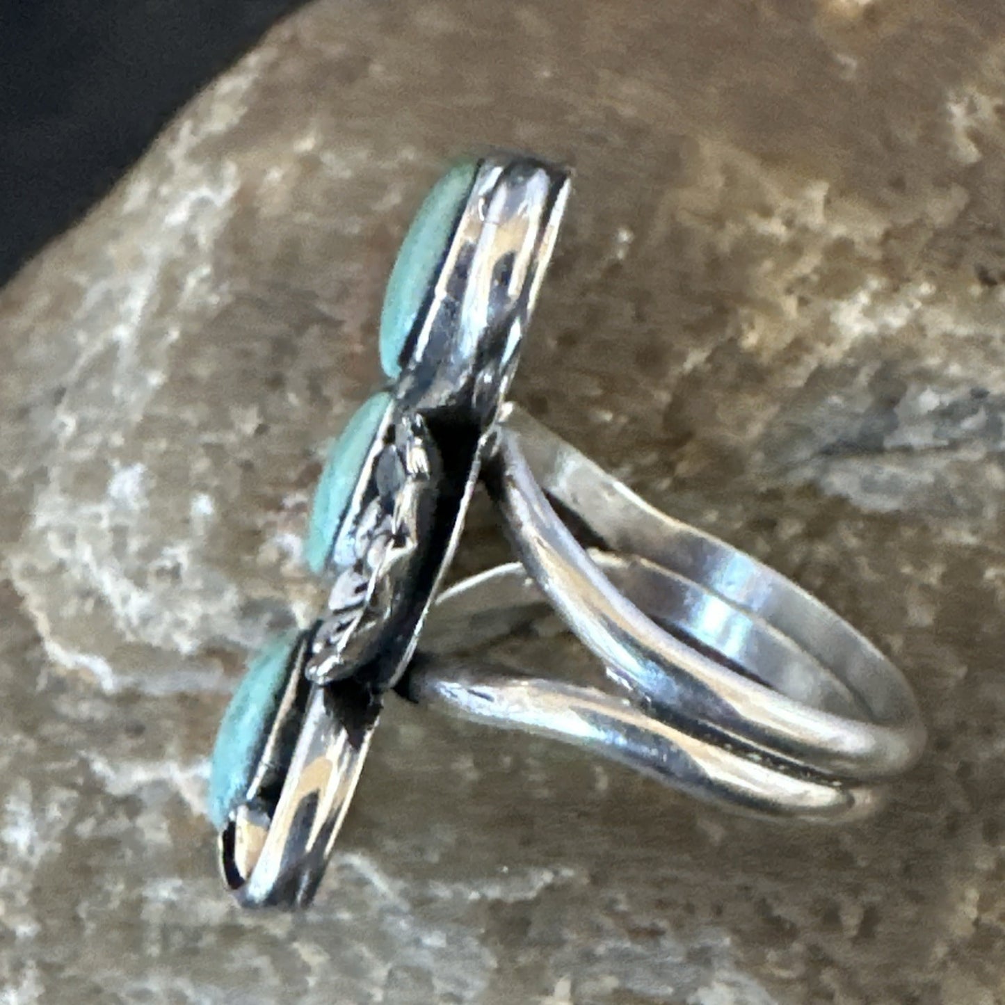 Blue Green Turquoise Navajo Sterling Silver Cluster Ring Size 8.5 19081