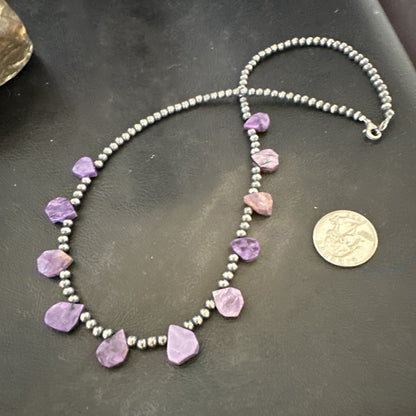 Purple Charoite Teardrop Navajo Pearls Sterling Silver Necklace 20" 17933
