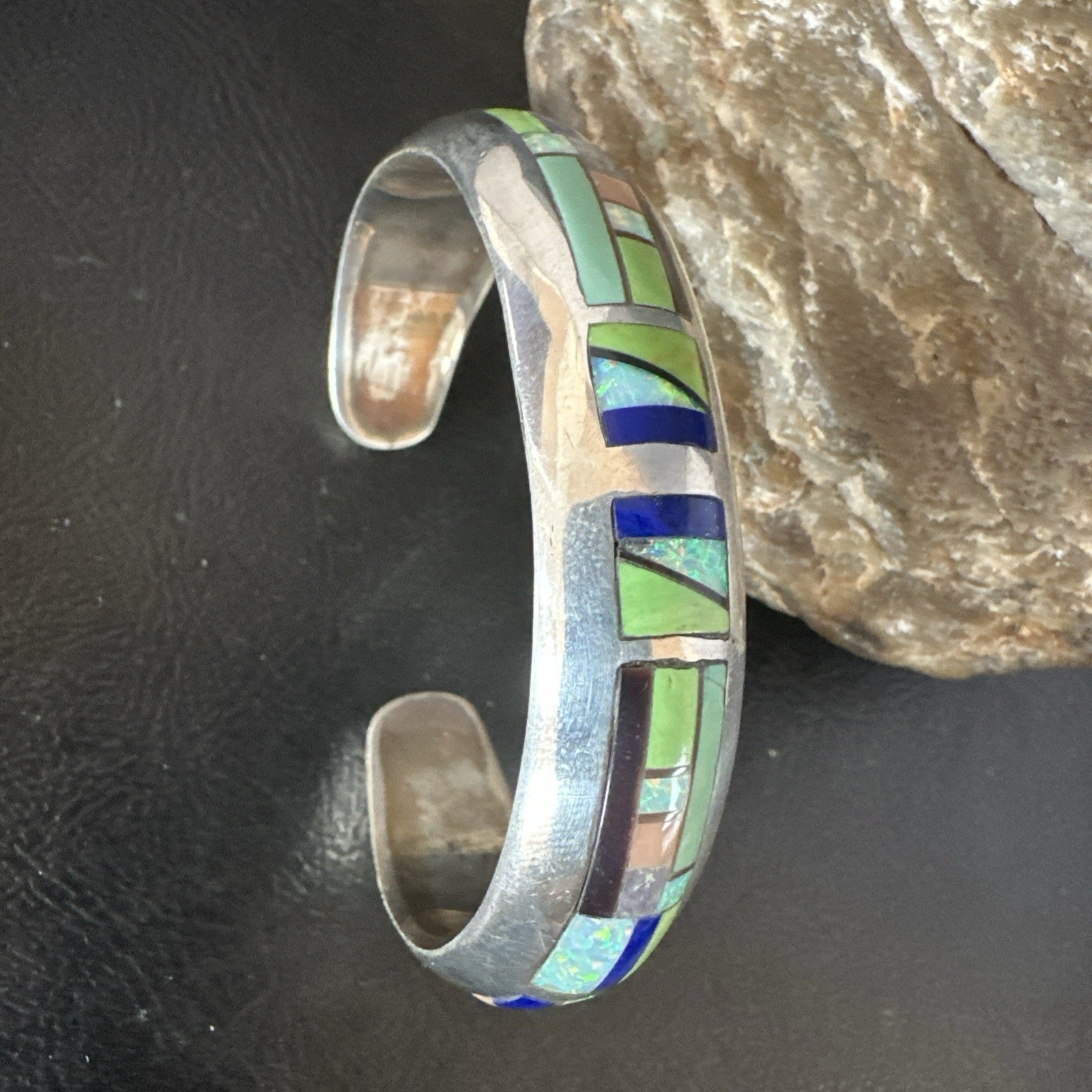 Womens Green Turquoise Lapis Navajo Sterling Silver Inlay Cuff Bracelet 19037