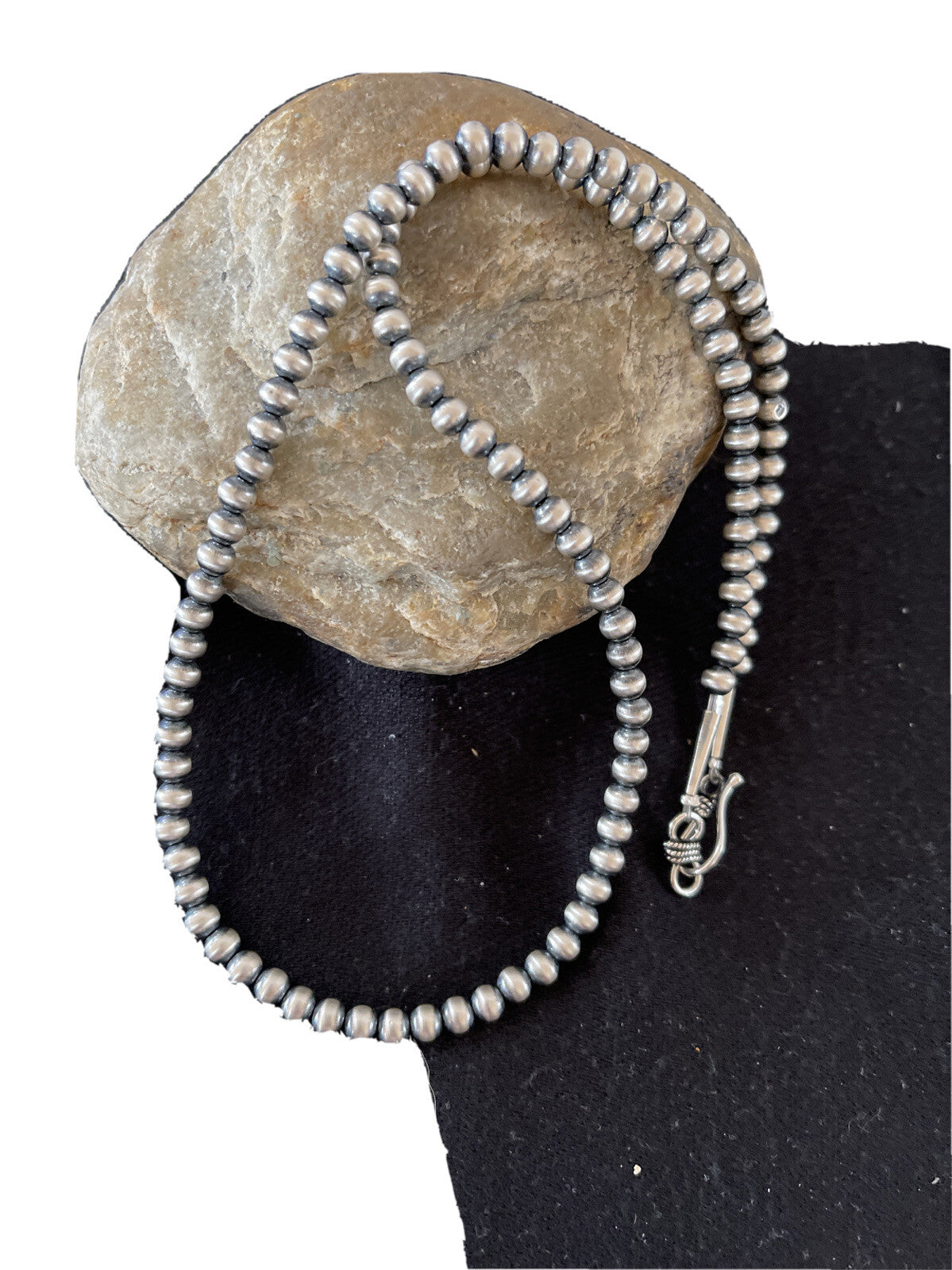 Native American 5mm Sterling Silver Beads Navajo 18" Hook & Eye Cone Necklace