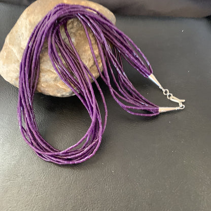 Purple Stone Sterling 10 Strand Stabilized Tube Heishi Necklace 24" 13420