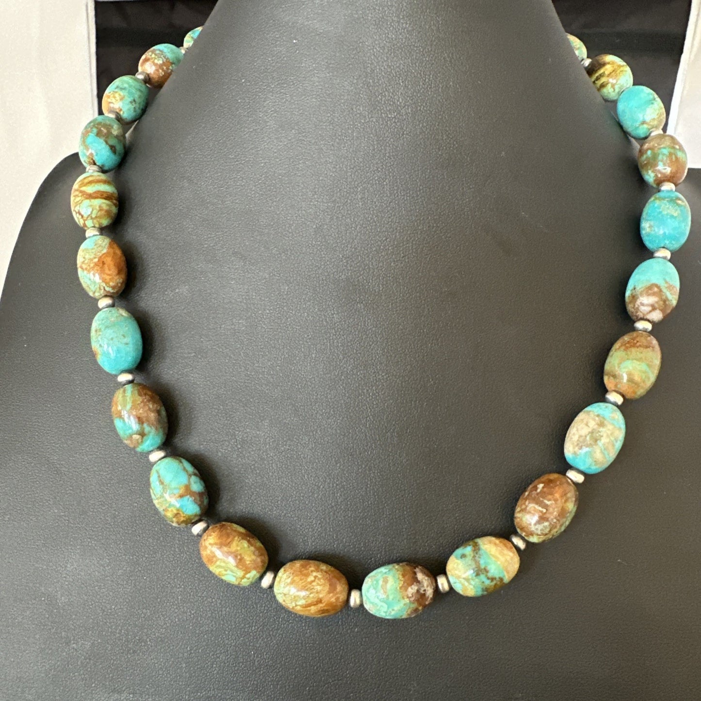 Green Blue Royston Turquoise Navajo Sterling Silver Beads Necklace 20" 19563