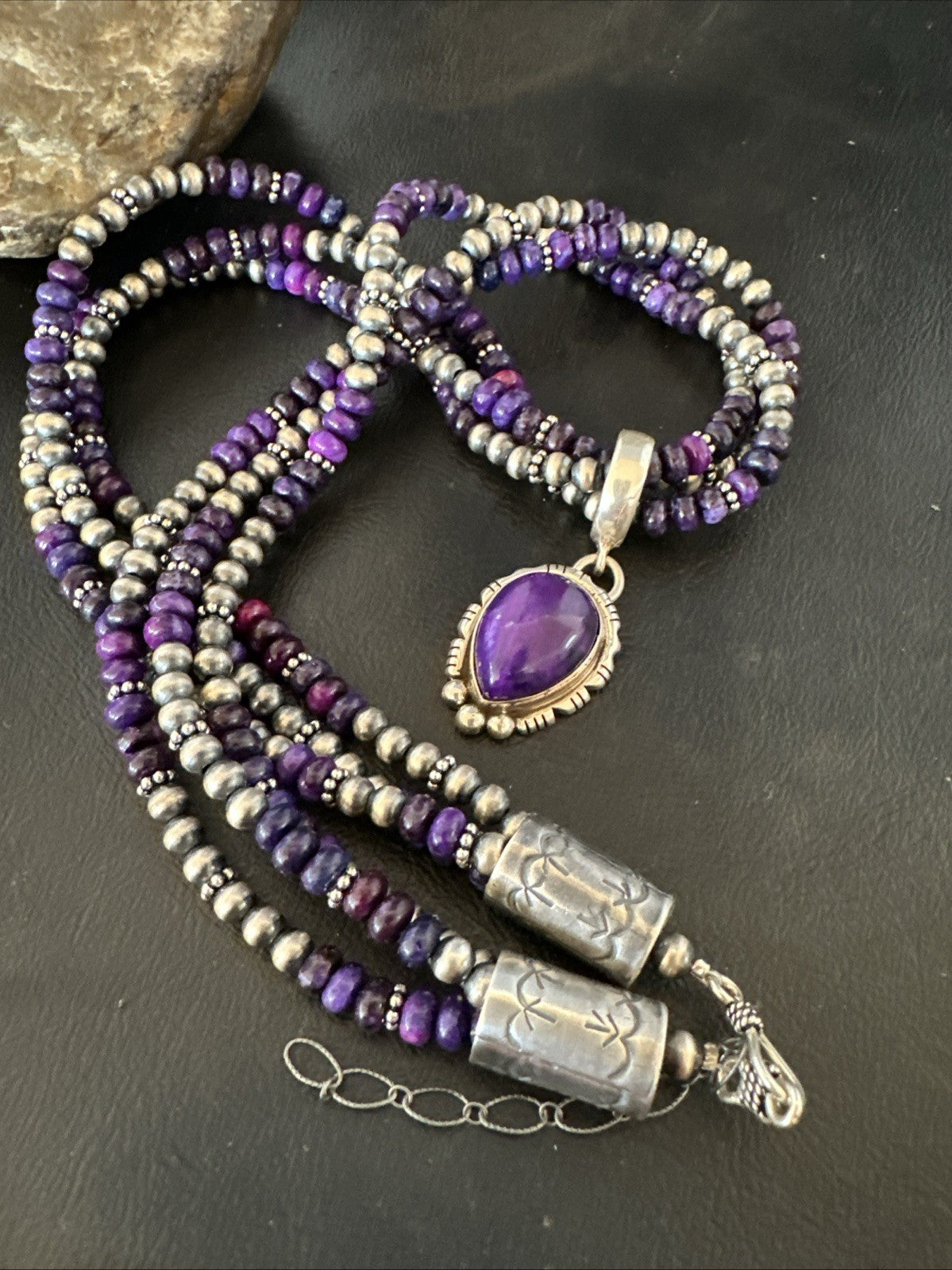 Navajo Sterling Silver 3 Strand Purple Stone Necklace Pendant 22” 19028