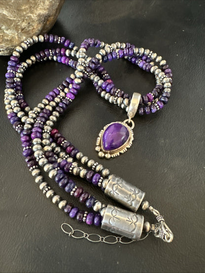 Navajo Sterling Silver 3 Strand Purple Stone Necklace Pendant 22” 19028