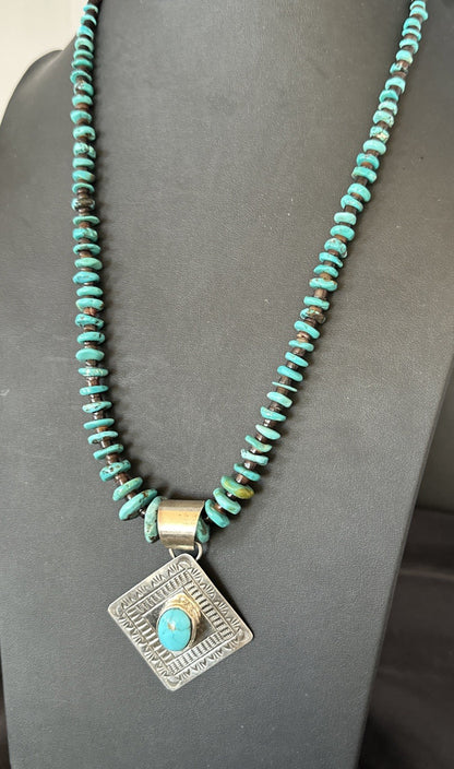 Navajo Blue Turquoise Stamped Pendant Shell Sterling Silver 29” Necklace 19704