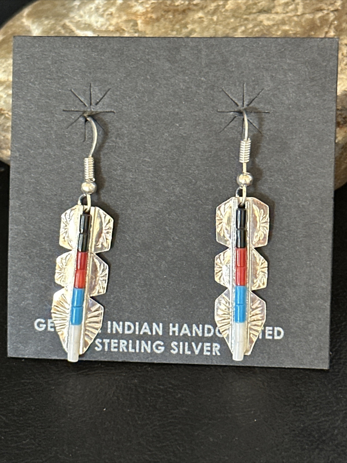 Lapis, Opal, Coral Navajo Sterling Silver Inlay Earrings 1.5” 14770