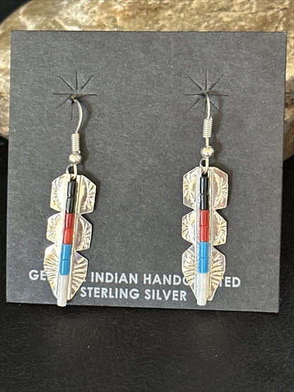 Lapis, Opal, Coral Navajo Sterling Silver Inlay Earrings 1.5” 14770