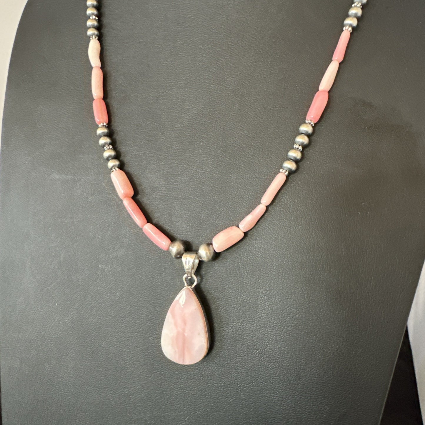 Southwestern Sterling Silver Pink Coral Bead Necklace Quartz Pendant 24" 19590