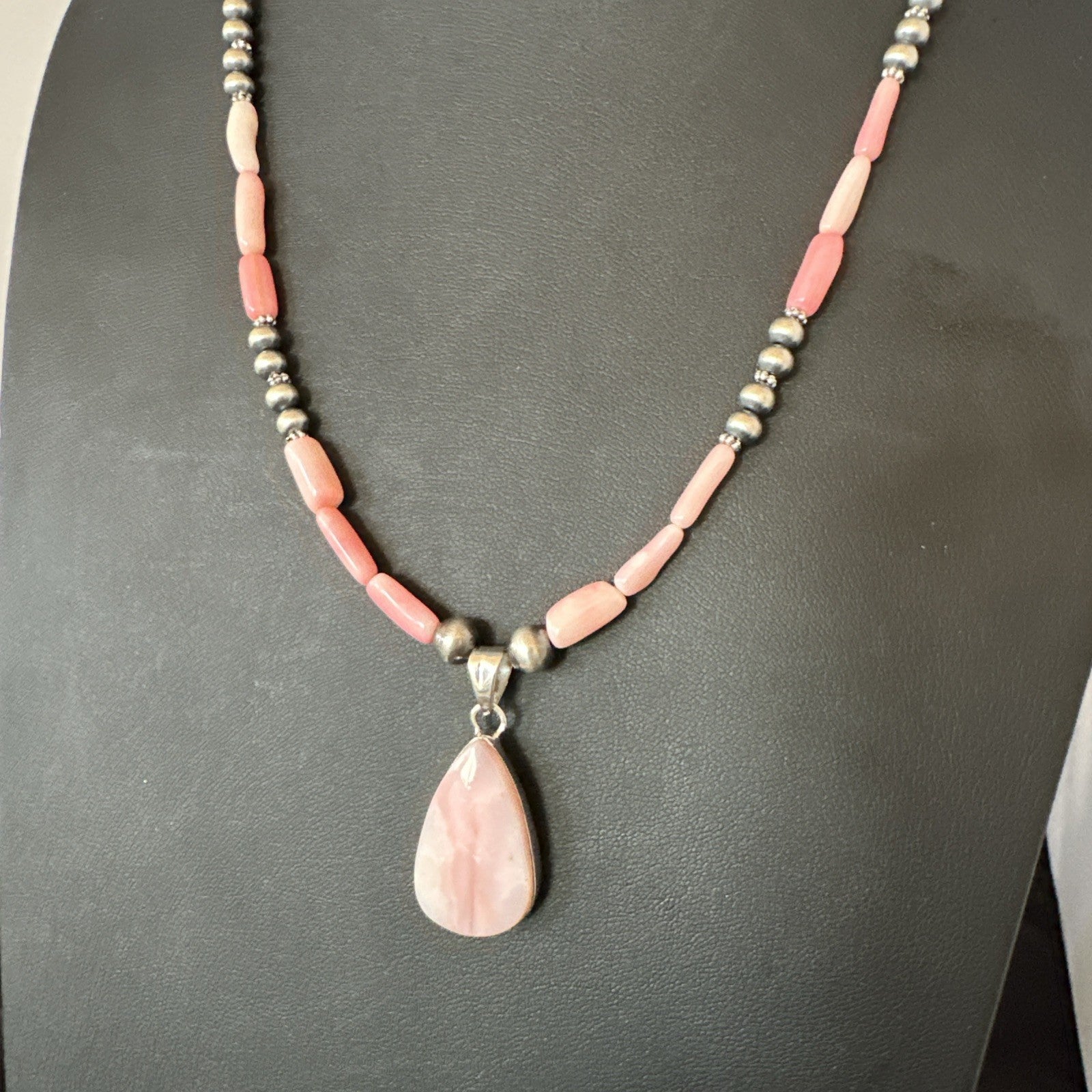 Southwestern Sterling Silver Pink Coral Bead Necklace Quartz Pendant 24" 19590