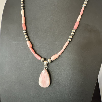 Southwestern Sterling Silver Pink Coral Bead Necklace Quartz Pendant 24" 19590
