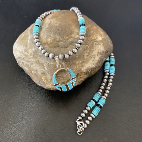 Blue Turquoise Inlay Pendant Navajo Pearls Sterling Silver Necklace 12615