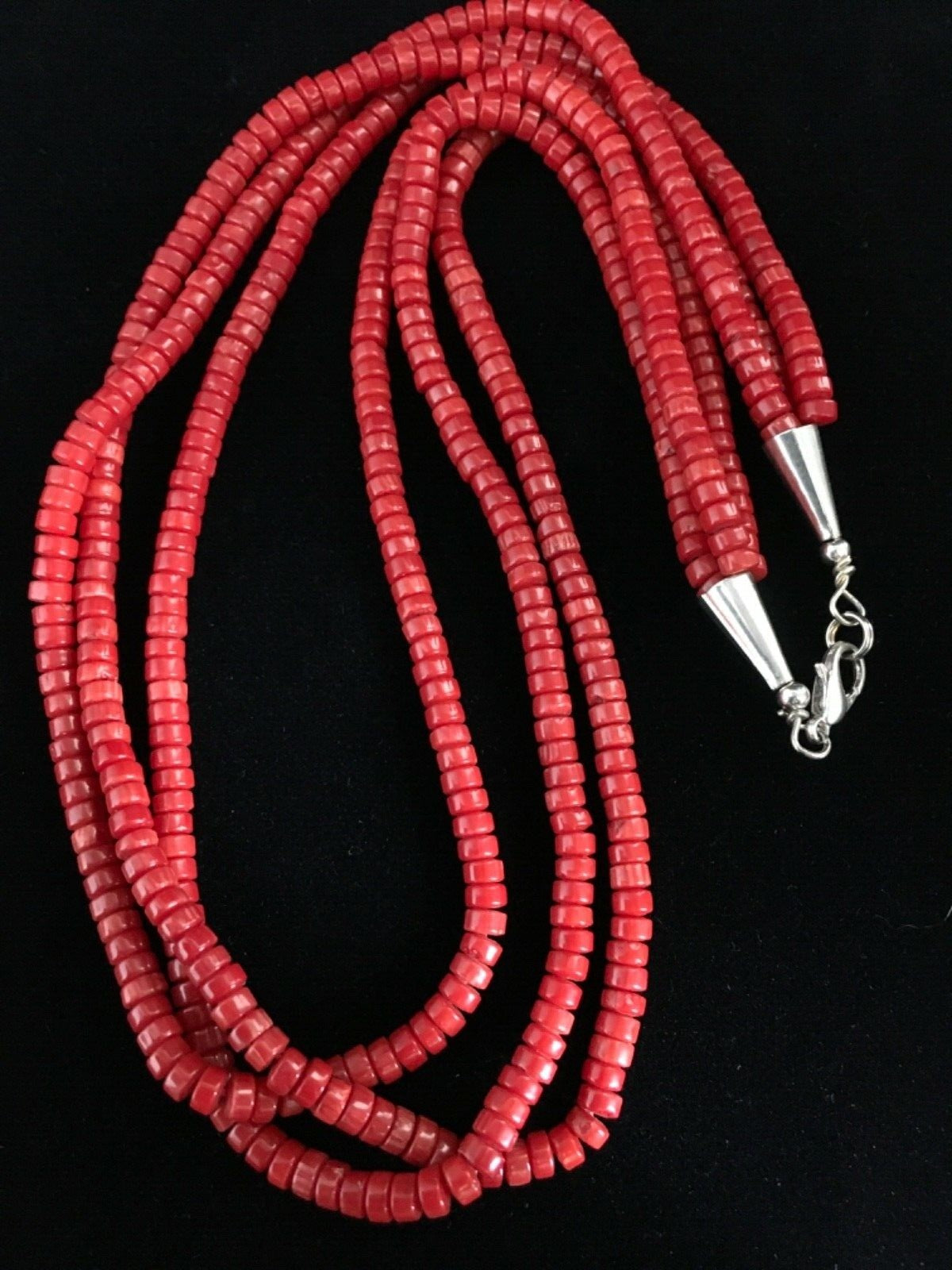 Red Coral Stabilized 3 Strands Navajo Sterling Silver Heishi Necklace 01778