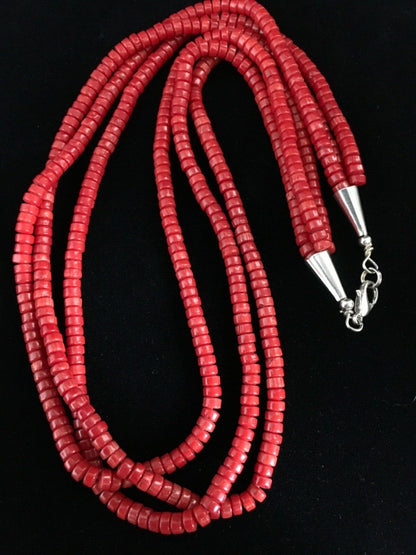 Red Coral Stabilized 3 Strands Navajo Sterling Silver Heishi Necklace 01778