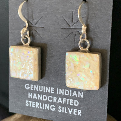 Womens White Opal Inlay Navajo Sterling Silver Dangle Drop Earrings 12768