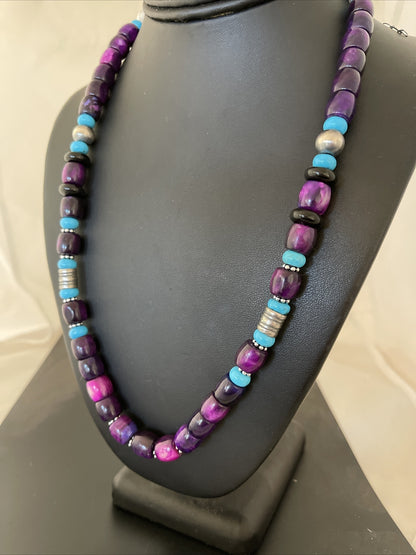 Purple Stone & Turquoise Indian Navajo Pearls Sterling Silver Necklace 01054