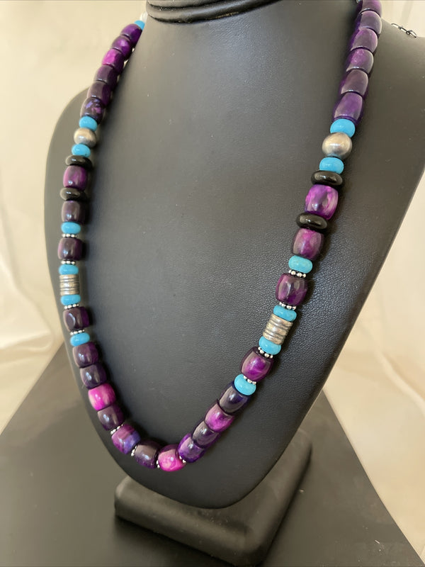 Purple Stone Turquoise Navajo Pearls Necklace | Sterling Silver | Authentic Native American Handmade | 01054