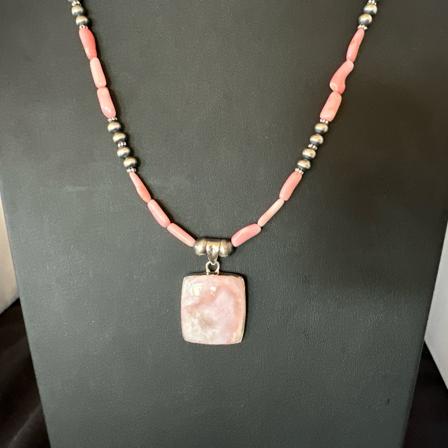Southwestern Sterling Silver Pink Coral Bead Necklace Quartz Pendant 24" 19591