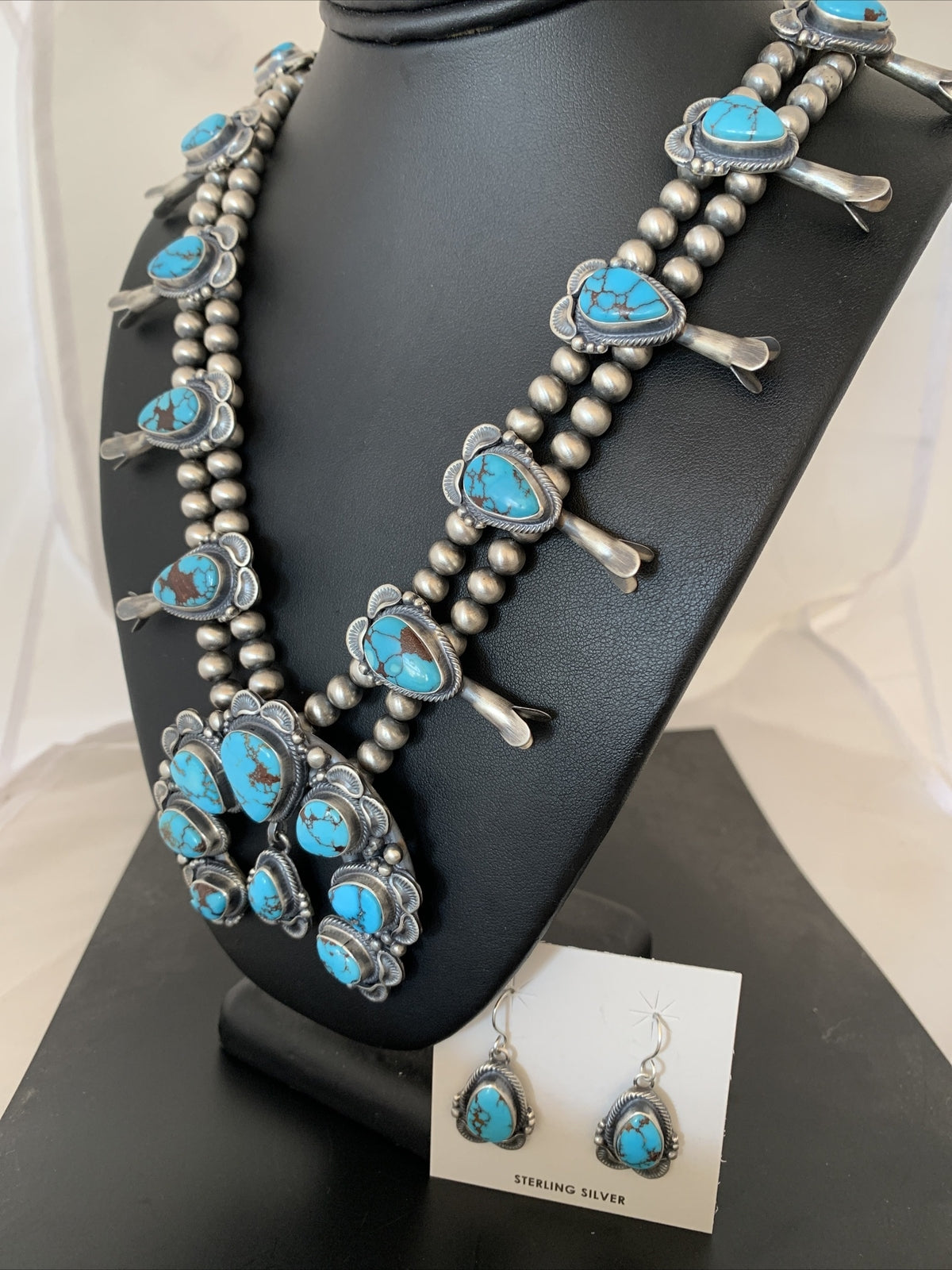 Blue Egyptian Turquoise Sterling Silver Beads Squash Blossom Necklace 17201