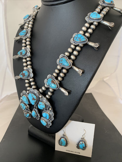 Blue Egyptian Turquoise Sterling Silver Beads Squash Blossom Necklace 17201