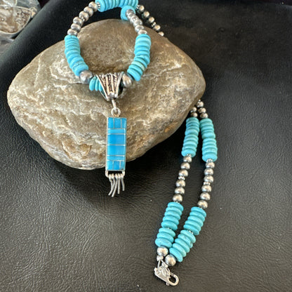 Blue Turquoise Inlay Pendant Navajo Sterling Silver Necklace 19514