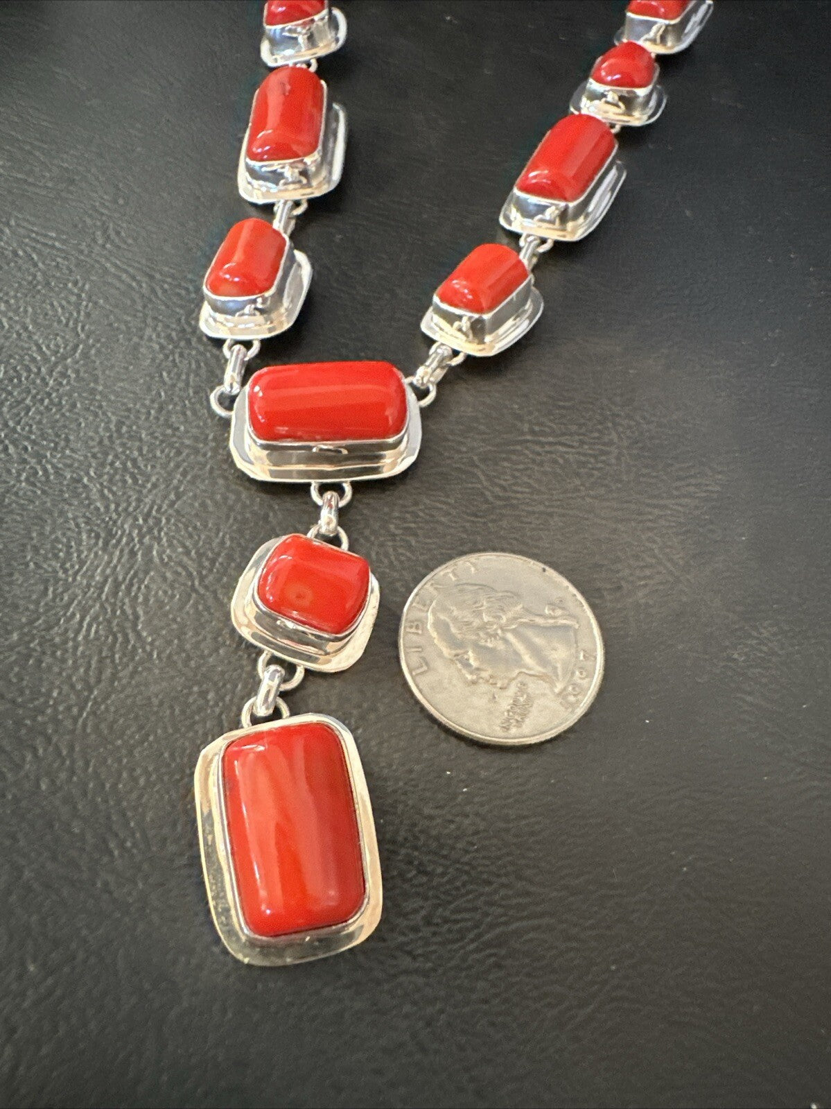 Handmade Women Red Coral Lariat Necklace Pendant Sterling Silver 19” 18410
