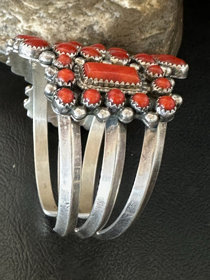 Mens Womens Red Coral Navajo Sterling Silver Cluster Cuff Bracelet 7.25" 19426
