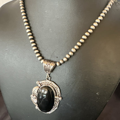 Mens Womens Black Onyx Pendant Navajo Sterling Silver Beads Necklace 18297
