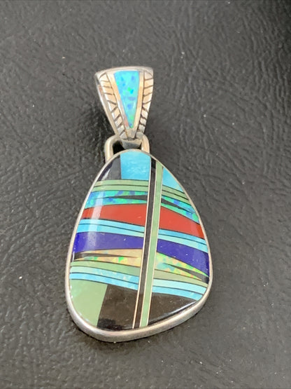 Womens Turquoise Coral & Opal Navajo Sterling Silver Inlay Pendant 12494