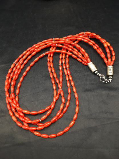 Red Bamboo Coral 5 Strand Navajo Pearls Sterling Silver Necklace 22" 04165