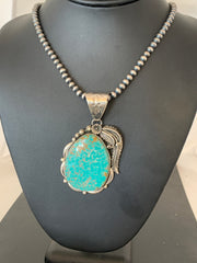 Men's Turquoise #8 Pendant Navajo Beads Necklace | Sterling Silver | Authentic Native American Handmade | 04619