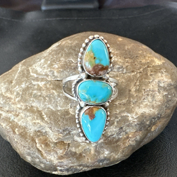 Navajo Cluster Blue Turquoise Ring Sz 10 | Sterling Silver | Authentic Native American Handmade | 18574