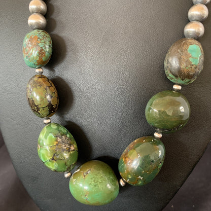 Chunky Navajo Spider Web Green Turquoise Sterling Silver Necklace 20" 11762