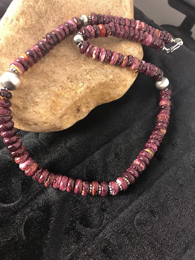 Purple Spiny Oyster 10 mm Bead Navajo Sterling Silver Beads Necklace 00409