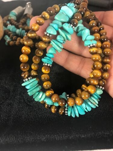 Men's Tigers Eye & Turquoise 3 Strand Necklace Navajo Sterling Silver 8418