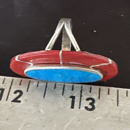 Blue Turquoise Coral Navajo Sterling Silver Ring Size 7.5 18767