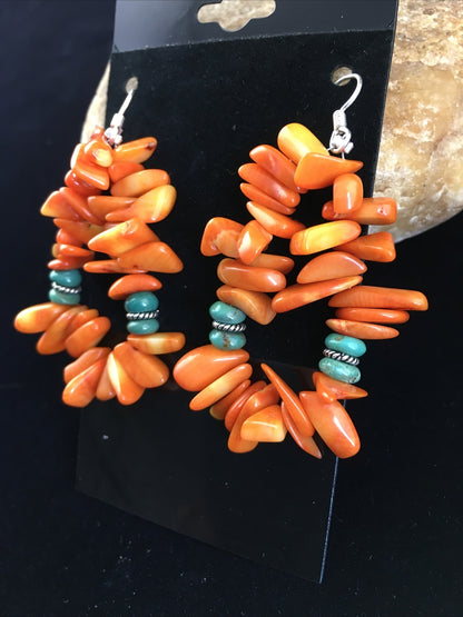 Orange Coral & Turquoise Navajo Sterling Silver Earrings 01776
